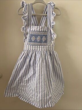 Blue & White Striped Ruffle Pinafore with Smocked dress